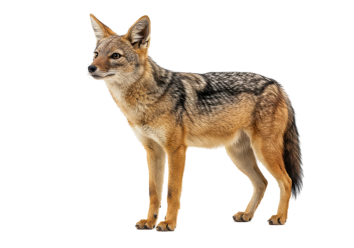 Alert jackal standing tall on black background