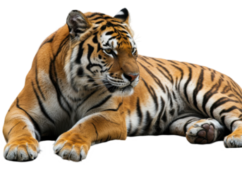 Bengal tiger lying on the ground staring intently