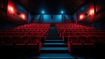 Empty red cinema seats in a dark theater