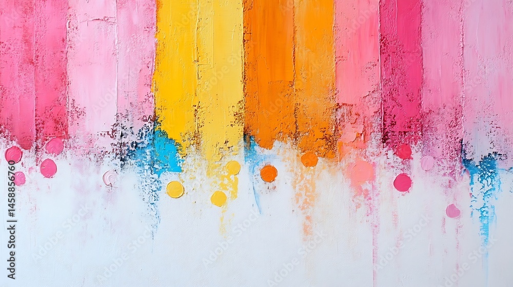 Poster abstract painting with vertical stripes of pink, orange, and yellow, interspersed with teal accents 