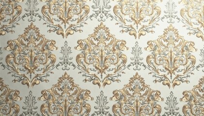 Intricate woven floral damask pattern in elegant silver and beige , wallpaper, illustration, classic