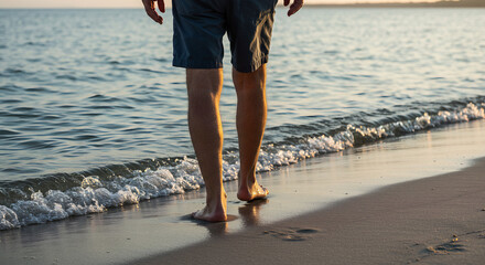 Barefoot Man Walking on a Sandy Beach as Gentle Waves Wash Over Her Feet at Sunset