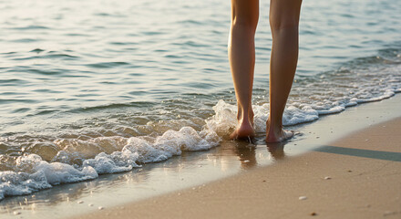 Barefoot Woman Walking on a Sandy Beach as Gentle Waves Wash Over Her Feet at Sunset