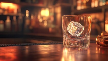 A crystal-clear glass with an ice cube inside, sitting on the bar counter of a dimly lit speakeasy, embodying luxury and sophistication.