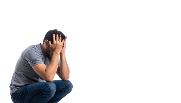 Person sitting with head in hands symbolizing anxiety or sadness, isolated on white background in Png format