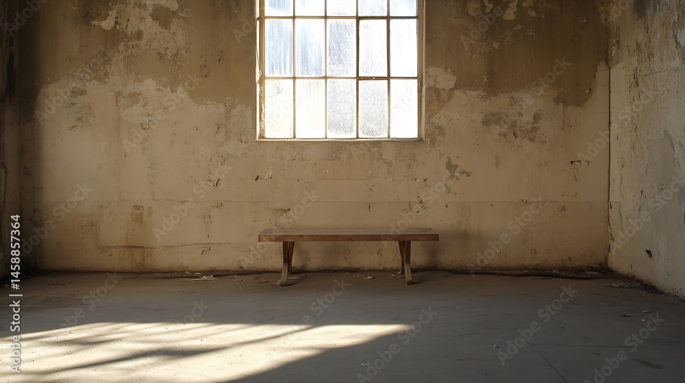 Poster a simple wooden bench sits alone in a sunlit, dilapidated room with peeling beige walls and a large,