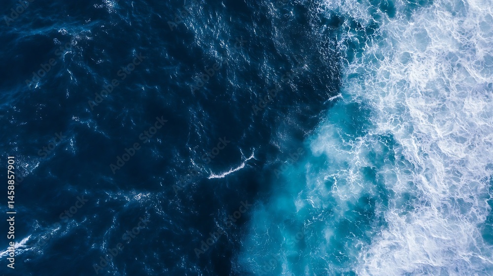 Poster Aerial view of ocean waves, deep blue water contrasting with white foam, showing a dynamic ocean surface texture. Perfect for backgrounds or marine-themed designs. : Generative AI