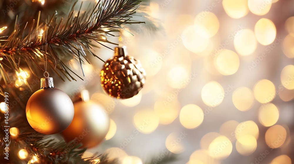 Poster close-up of gold and silver christmas ornaments hanging on a decorated pine tree branch with warm bo