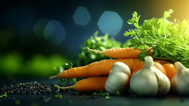 Fresh Bounty: A vibrant assortment of fresh vegetables, including carrots, garlic and parsley, arranged artfully to capture the essence of healthy eating. A culinary delight!