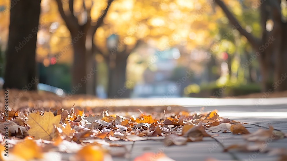 Aufkleber Autumn leaves scattered on a paved pathway, blurred background of golden trees and sunlight. : Generative AI