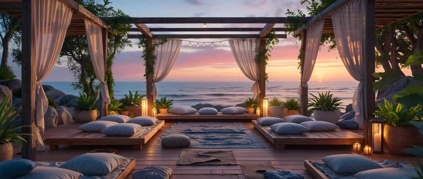 Luxurious coastal sunset scene with relaxing daybeds and soft pillows