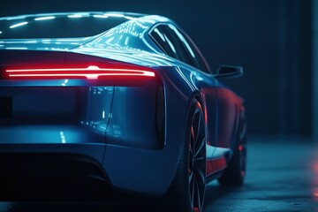 Naklejka premium Futuristic blue car rear view in night environment