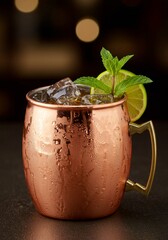 Copper Mug Moscow Mule Cocktail with Ice Mint and Lime