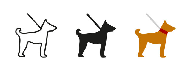 Dog on leash icon. Standing dog with visible leash vector illustration. Symbol of pet care, walking and responsible ownership. Suitable for signs in parks, pet-friendly zones and veterinary materials.