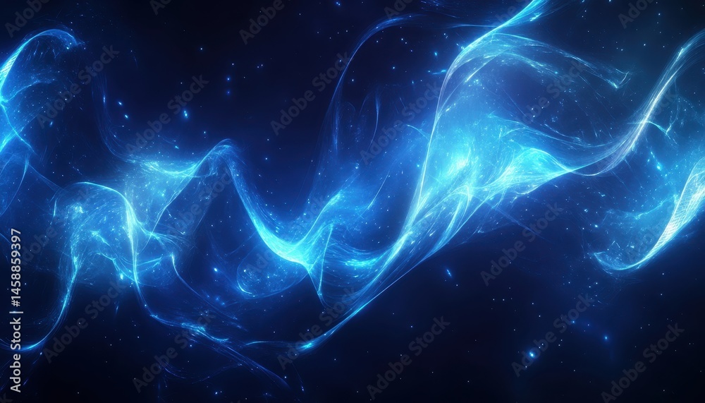 Poster abstract swirling blue light waves on dark background digital art with glowing particles futuristic 