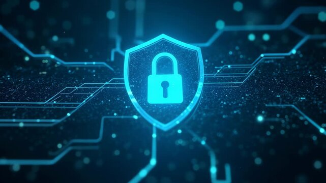 Ciber Security Concept. Cinematic close-up of a glowing digital shield hovering over a microchip