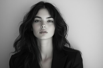 A monochrome portrait of a young woman with long, wavy hair, intense gaze, and subtle freckles.