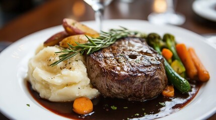 A beautifully plated steak dinner with a side of mashed potatoes and vegetables