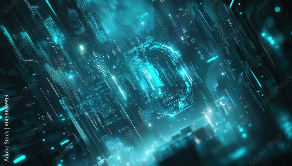 Poster Abstract Technological Backdrop with Glowing Blue Data Streams and Intricate Digital Network Connections in a Dark Cyberspace Environment Showing Future and Connectivity