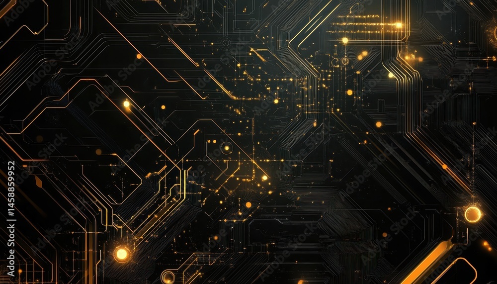 Poster Abstract Technological Circuit Board with Glowing Golden Lines Network System Engineering Design and Modern Futuristic Elements