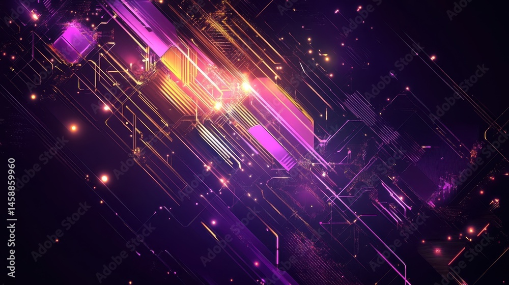 Poster abstract technology background with glowing light effects in purple and yellow tones for modern futu