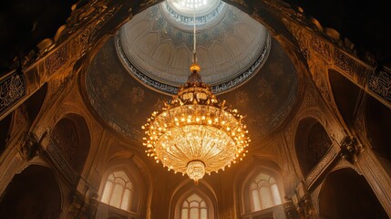Obraz premium A stunning chandelier hanging from the center of a mosques dome, illuminating the vast hall below.