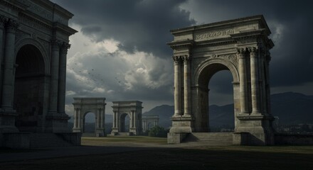 Obraz premium Ancient Stone Arches under a Cloudy Sky