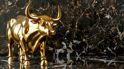 Golden bull statue charging forward with dynamic movement, symbolizing stock market growth, financial success and economic prosperity, isolated with copy space.