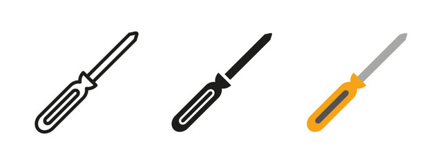 Screwdriver icon. Vector illustration of a hand tool with a long metal shaft and ergonomic handle. Essential equipment for tightening screws in construction, repairs and general maintenance tasks.