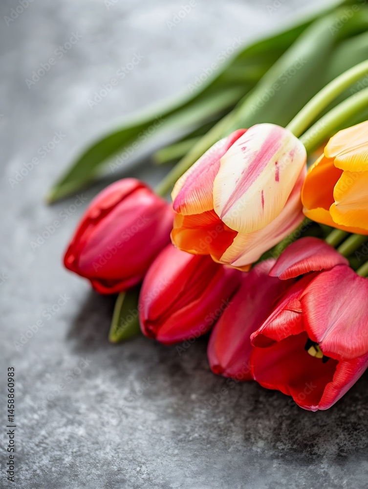 Poster Close-up view of a vibrant bouquet of red, orange, and pink tulips resting on a gray textured surface.  The tulips are arranged casually, showcasing their delicate petals and stems. : Generative AI