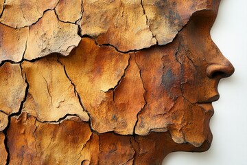Fototapeta premium A cracked clay sculpture depicting a profile, evoking themes of age, fragility, and the passage of time.