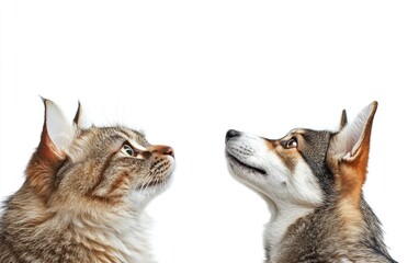 Two pets, a cat and a dog, look upwards, side-by-side, against a plain white background.  Fluffy cat on left,  dog on right with mixed coat.  Profile view