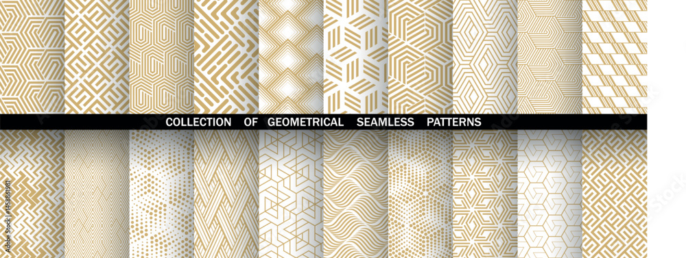 Poster Geometric set of seamless golden and white patterns. Simple vector graphics