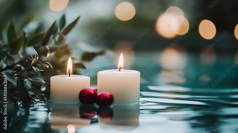 Aufkleber two white candles float gently on teal water, illuminated by soft light, surrounded by green leaves 