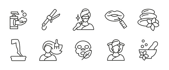 Beauty spa line icon set. Cosmetic and wellness outline vector illustration. Skincare, treatment, massage and aesthetic procedures pictograms for salons, self-care and organic beauty routines.