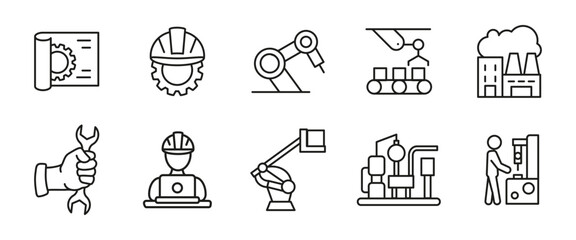 Industry line icon set. Factory automation and engineering outline vector illustration. Robots, gears, workers and machines symbols. Industrial production and manufacturing technology concept.
