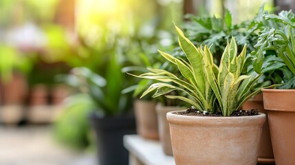Fototapeta premium Close-up of a sansevieria trifasciata plant in a terracotta pot, surrounded by other lush greenery in a sunlit garden setting. : Generative AI