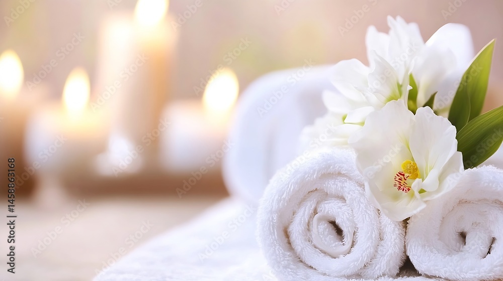 Leinwandbilder spa treatment concept: rolled white towels with delicate white orchids and blurred candles in the ba
