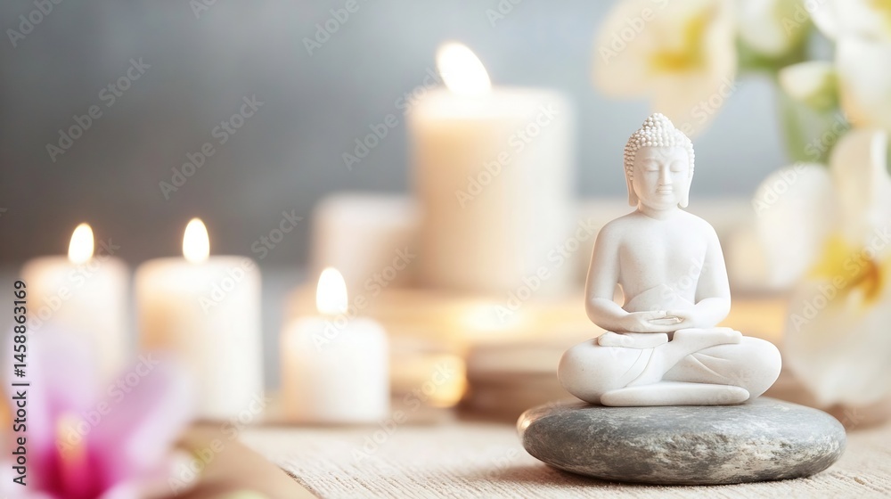 Leinwandbilder serene buddha statue meditating on a grey stone, surrounded by soft candlelight and blurred white or