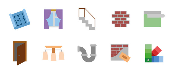 Home renovation colored icon set. Interior repair and construction vector illustration. Tools, materials and design elements for remodeling, architectural planning and home improvement projects.
