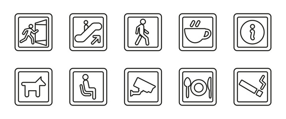 Public facility sign line icon set. Direction and service outline vector illustration. Navigation symbols for indoor guidance in malls, airports and other public access areas.