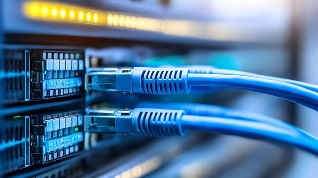 Close-up view of blue ethernet cables connected to a server rack, showcasing data center technology and network infrastructure. : Generative AI - Powered by Adobe