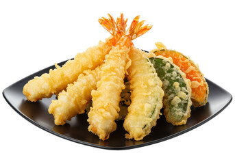 Goldenfried tempura atop a sleek black plate against a stark background
