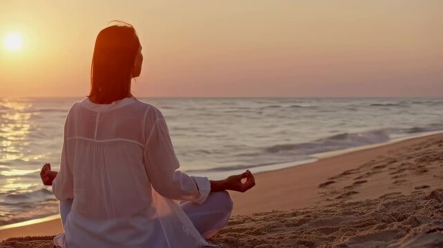 Woman meditating on beach at sunset. Mental health and stress relief practice. Mindfulness and relaxation techniques for anxiety and depression management.