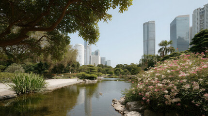 Fototapeta premium serene hidden garden in heart of bustling metropolis surrounded by tall skyscrapers