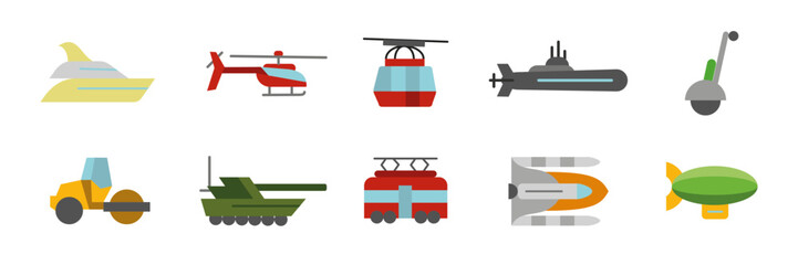 Futuristic and military transport colored icon set. Vector cartoon illustrations of helicopters, tanks, submarines, airships and hovercrafts. Concept icons for defense and advanced design.