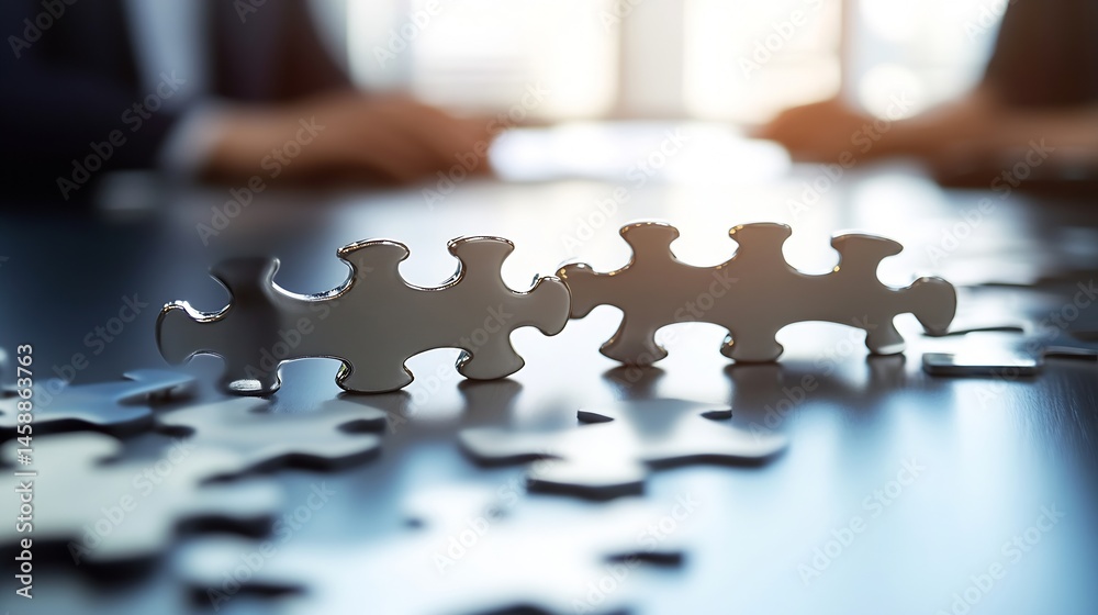 Poster two metallic puzzle pieces connect, symbolizing collaboration and problem-solving, on a table with s