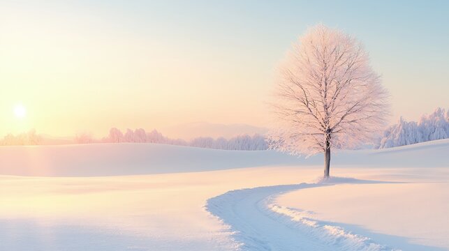 Fototapeta Solitary Frost Covered Tree at Sunrise in Snowy Landscape