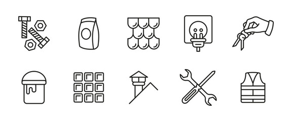 Home repair and construction icon set. Vector line illustrations of tools, safety gear, materials and electrical components. Suitable for building renovation, engineering and interior design projects.