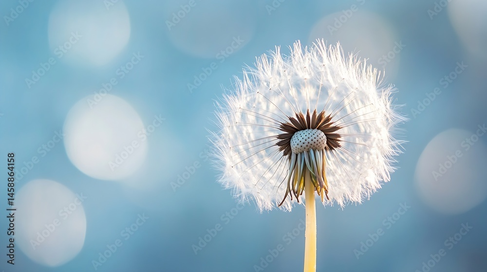Aufkleber close-up view of a dandelion seed head against a soft blue bokeh background, showcasing delicate whi